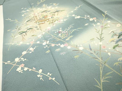 平和屋着物▽訪問着　単衣　刺繍　風景花松文　暈し染　金糸　正絹　逸品　DABG5508fe