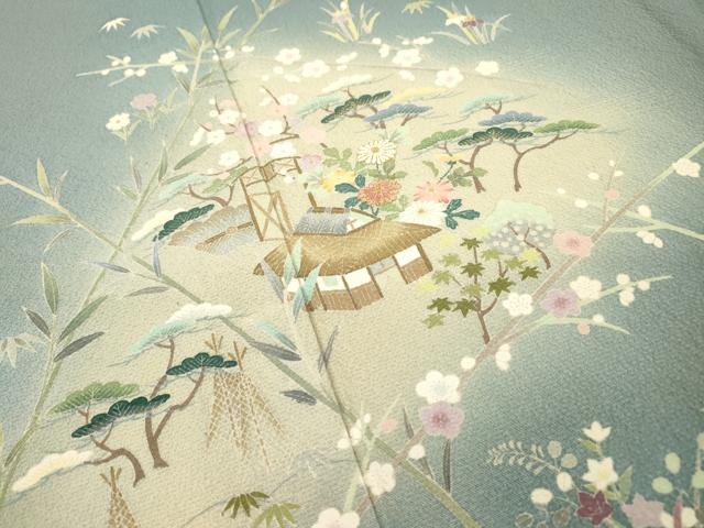 平和屋着物▽訪問着　単衣　刺繍　風景花松文　暈し染　金糸　正絹　逸品　DABG5508fe