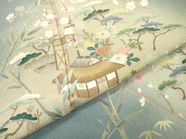 平和屋着物▽訪問着　単衣　刺繍　風景花松文　暈し染　金糸　正絹　逸品　DABG5508fe