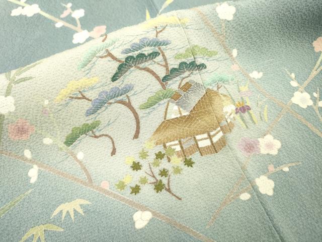 平和屋着物▽訪問着　単衣　刺繍　風景花松文　暈し染　金糸　正絹　逸品　DABG5508fe