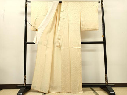 平和屋着物▽上質な色無地　単衣　霞地紋　鳥の子色　反端付き　正絹　逸品　未使用　DABG5514fe