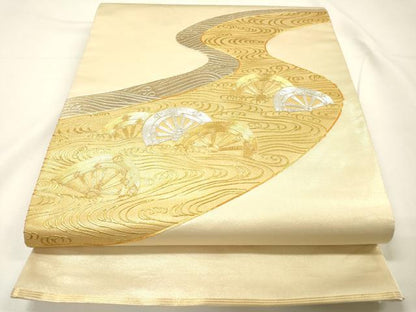 平和屋着物●西陣　川島織物　太鼓柄袋帯　駒刺繍　流水片輪車文　金彩　正絹　逸品　DABG5546fe