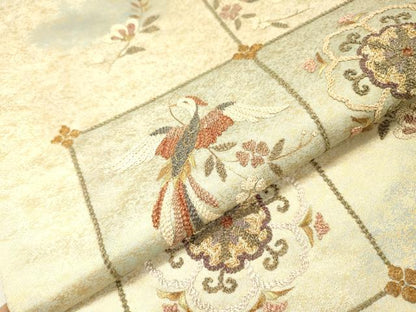 平和屋着物▼太鼓柄袋帯　駒刺繍　総刺繍　花喰い鳥　正倉院　金彩　正絹　逸品　DABG5562fe