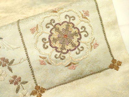 平和屋着物▼太鼓柄袋帯　駒刺繍　総刺繍　花喰い鳥　正倉院　金彩　正絹　逸品　DABG5562fe