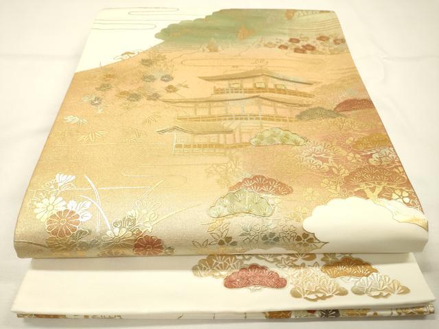 平和屋着物▼西陣　太鼓柄袋帯　螺鈿　金閣寺　金彩　証紙付き　正絹　逸品　DABG5569fe