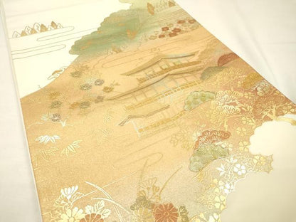 平和屋着物▼西陣　太鼓柄袋帯　螺鈿　金閣寺　金彩　証紙付き　正絹　逸品　DABG5569fe