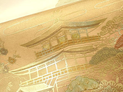 平和屋着物▼西陣　太鼓柄袋帯　螺鈿　金閣寺　金彩　証紙付き　正絹　逸品　DABG5569fe