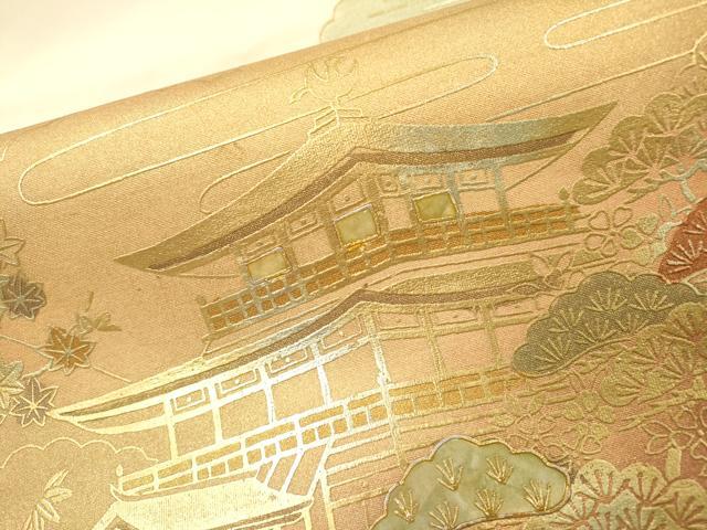 平和屋着物▼西陣　太鼓柄袋帯　螺鈿　金閣寺　金彩　証紙付き　正絹　逸品　DABG5569fe