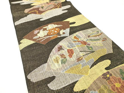 平和屋着物＊夏物　明綴れ　六通柄袋帯　地紙花鳥文　黒地　金銀糸　正絹　逸品　DABG5580fe