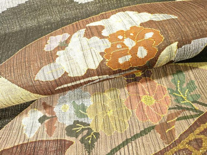 平和屋着物＊夏物　明綴れ　六通柄袋帯　地紙花鳥文　黒地　金銀糸　正絹　逸品　DABG5580fe