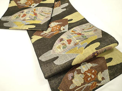平和屋着物＊夏物　明綴れ　六通柄袋帯　地紙花鳥文　黒地　金銀糸　正絹　逸品　DABG5580fe