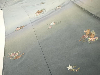平和屋着物▼訪問着　総刺繍　風景籬花文　暈し染　金糸　仮絵羽　正絹　逸品　未使用　DABG5653fe
