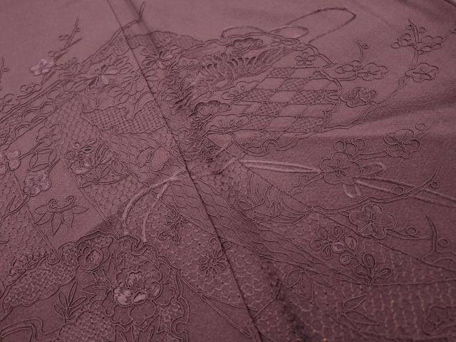平和屋着物▼中国三大刺繍　スワトウ刺繍　汕頭刺繍　総刺繍　無地絵羽訪問着　雪輪飛鶴花文　桑の実色　正絹　逸品　未使用　DABG5676fe