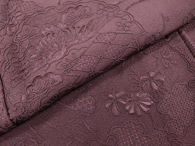 平和屋着物▼中国三大刺繍　スワトウ刺繍　汕頭刺繍　総刺繍　無地絵羽訪問着　雪輪飛鶴花文　桑の実色　正絹　逸品　未使用　DABG5676fe