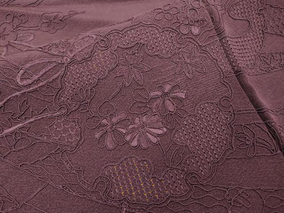 平和屋着物▼中国三大刺繍　スワトウ刺繍　汕頭刺繍　総刺繍　無地絵羽訪問着　雪輪飛鶴花文　桑の実色　正絹　逸品　未使用　DABG5676fe
