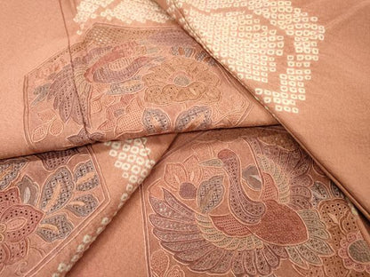 平和屋着物▼中国三大刺繍　スワトウ刺繍　汕頭刺繍　相良刺繍　訪問着　絞り　亀甲飛鶴花文　正絹　逸品　DABG5682fe