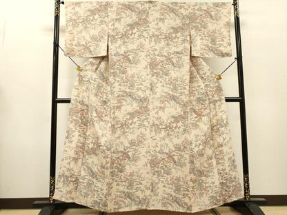 平和屋着物▽上質な小紋　単衣　渡り橋風景花文　鬼しぼ縮緬　正絹　逸品　未使用　DABG5699fe