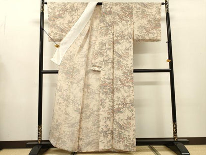 平和屋着物▽上質な小紋　単衣　渡り橋風景花文　鬼しぼ縮緬　正絹　逸品　未使用　DABG5699fe