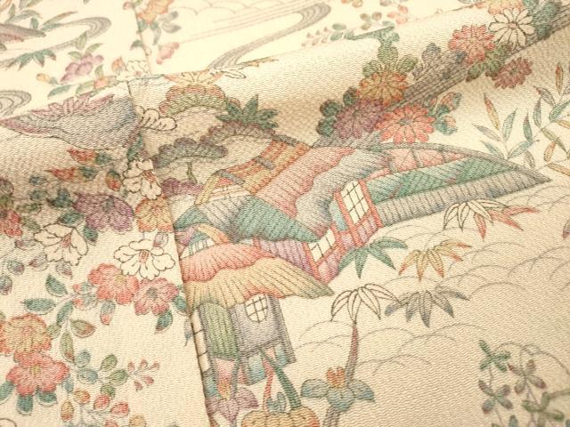 平和屋着物▽上質な小紋　単衣　渡り橋風景花文　鬼しぼ縮緬　正絹　逸品　未使用　DABG5699fe