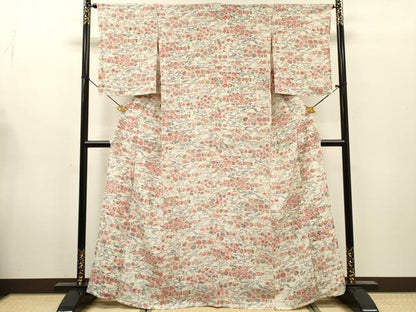 平和屋着物▽上質な小紋　単衣　型染　流水花文　三越扱い　鬼しぼ縮緬　正絹　逸品　未使用　DABG5713fe