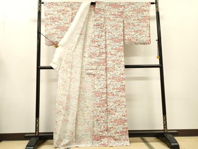平和屋着物▽上質な小紋　単衣　型染　流水花文　三越扱い　鬼しぼ縮緬　正絹　逸品　未使用　DABG5713fe