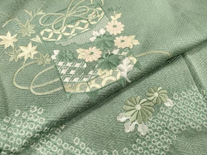 平和屋着物▽訪問着　単衣　刺繍　絞り　道長貝桶花文　正絹　逸品　DABG5716fe