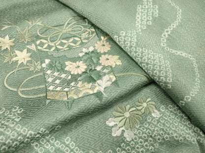 平和屋着物▽訪問着　単衣　刺繍　絞り　道長貝桶花文　正絹　逸品　DABG5716fe
