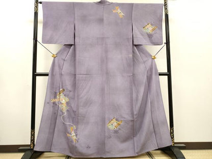 平和屋着物▽訪問着　単衣　蒔絵御所車女人花文　暈し染　金彩　正絹　逸品　DABG5718fe