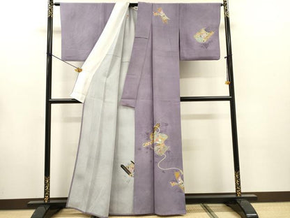 平和屋着物▽訪問着　単衣　蒔絵御所車女人花文　暈し染　金彩　正絹　逸品　DABG5718fe