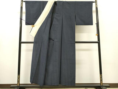 平和屋着物▽本塩沢　単衣　縞　正絹　逸品　DABG5721fe