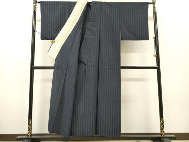 平和屋着物▽本塩沢　単衣　縞　正絹　逸品　DABG5721fe