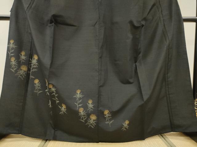 平和屋着物▽訪問着　単衣　紬地　浮織　たんぽぽ　黒地　反端付き　正絹　逸品　DABG5724fe