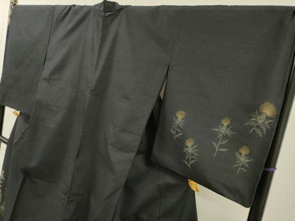 平和屋着物▽訪問着　単衣　紬地　浮織　たんぽぽ　黒地　反端付き　正絹　逸品　DABG5724fe