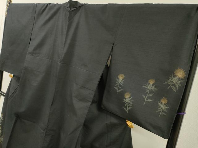 平和屋着物▽訪問着　単衣　紬地　浮織　たんぽぽ　黒地　反端付き　正絹　逸品　DABG5724fe