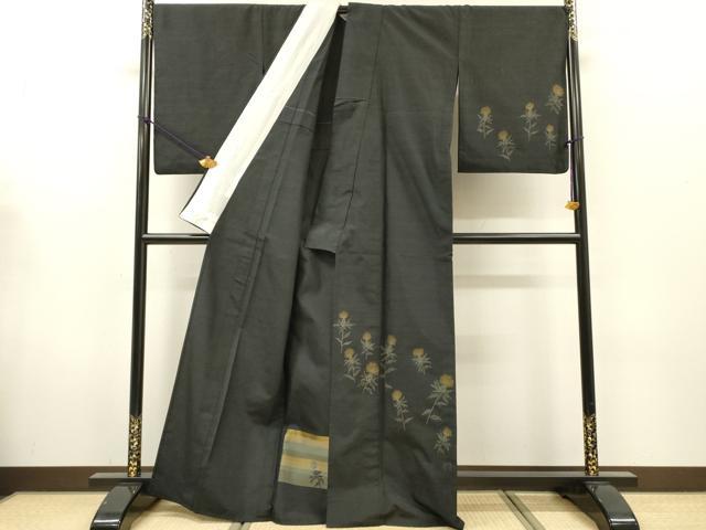 平和屋着物▽訪問着　単衣　紬地　浮織　たんぽぽ　黒地　反端付き　正絹　逸品　DABG5724fe
