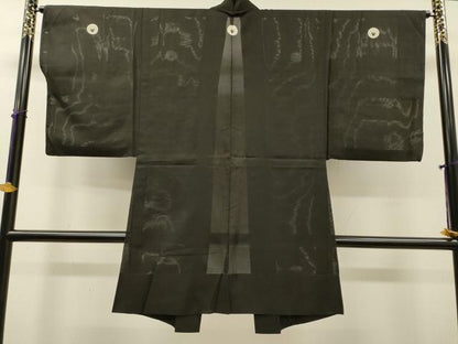 平和屋着物▽男性　黒紋付　長羽織　スリーシーズン　春夏秋　塵除け　絽　正絹　逸品　DABG5729fe