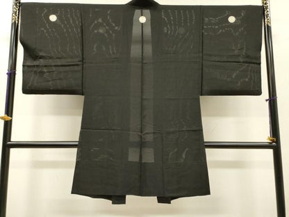 平和屋着物▽男性　黒紋付　長羽織　スリーシーズン　春夏秋　塵除け　絽　正絹　逸品　DABG5730fe