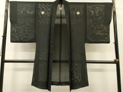 平和屋着物▽男性　黒紋付　長羽織　スリーシーズン　春夏秋　塵除け　絽　正絹　逸品　DABG5731fe