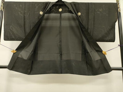 平和屋着物▽男性　黒紋付　羽織　スリーシーズン　春夏秋　塵除け　絽　正絹　逸品　DABG5732fe
