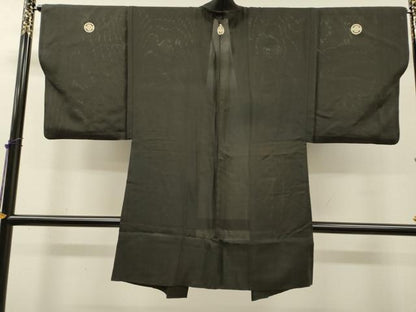 平和屋着物▽男性　黒紋付　長羽織　スリーシーズン　春夏秋　塵除け　絽　正絹　逸品　DABG5733fe