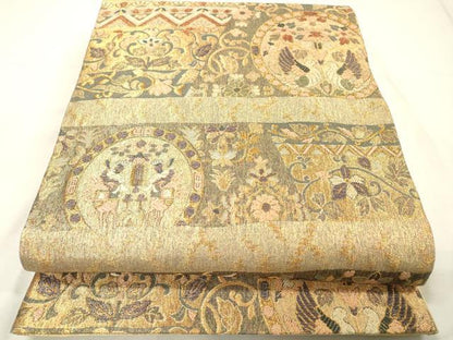 平和屋着物▼佐賀錦　六通柄袋帯　向かい鳥狩猟花絵皿文　金糸　正絹　逸品　DABG5736fe