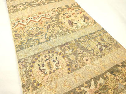 平和屋着物▼佐賀錦　六通柄袋帯　向かい鳥狩猟花絵皿文　金糸　正絹　逸品　DABG5736fe