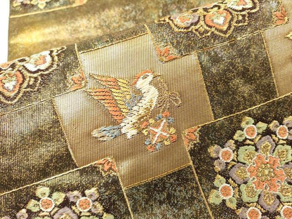 平和屋着物▼六通柄袋帯　花喰い鳥　正倉院花鳥文　金糸　引箔　正絹　逸品　DABG5753fe