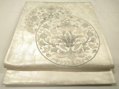 平和屋着物▼中国三大刺繍　相良刺繍　総刺繍　太鼓柄袋帯　花丸文　銀糸　正絹　逸品　DABG5766fe