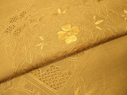 平和屋着物●中国三大刺繍　スワトウ刺繍　汕頭刺繍　相良刺繍　総刺繍　太鼓柄袋帯　紬地　正倉院花文　山吹茶色　正絹　逸品　DABG5782fe