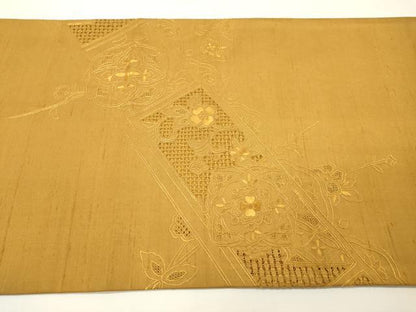 平和屋着物●中国三大刺繍　スワトウ刺繍　汕頭刺繍　相良刺繍　総刺繍　太鼓柄袋帯　紬地　正倉院花文　山吹茶色　正絹　逸品　DABG5782fe
