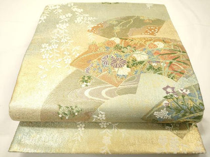 平和屋着物▼両面　六通柄袋帯　唐織　光琳花扇　琳派　宗達　松島図　金糸　正絹　逸品　DABG5786fe