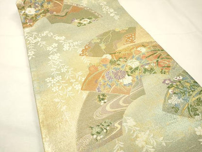 平和屋着物▼両面　六通柄袋帯　唐織　光琳花扇　琳派　宗達　松島図　金糸　正絹　逸品　DABG5786fe