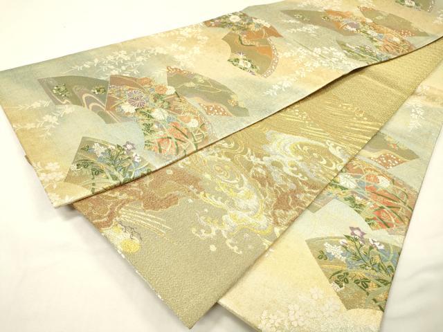 平和屋着物▼両面　六通柄袋帯　唐織　光琳花扇　琳派　宗達　松島図　金糸　正絹　逸品　DABG5786fe