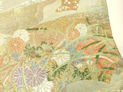 平和屋着物▼両面　六通柄袋帯　唐織　光琳花扇　琳派　宗達　松島図　金糸　正絹　逸品　DABG5786fe